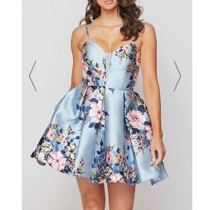 Floral satin fit and flare blue dress